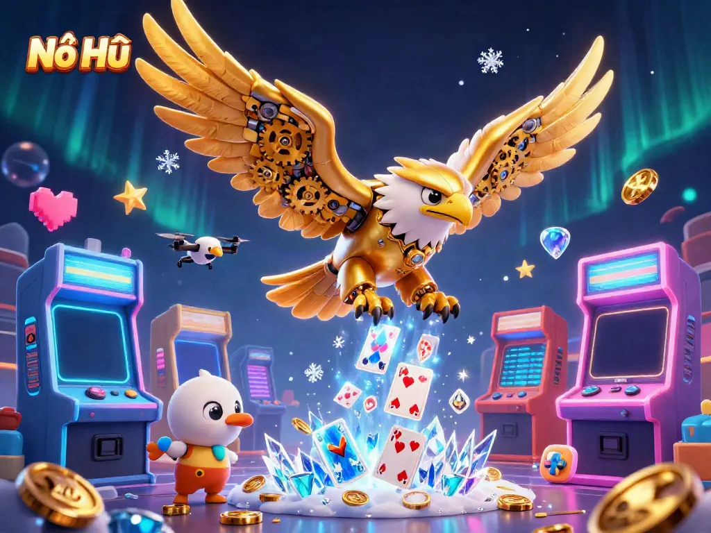 Nổ Hũ showcases a thrilling scene with a cybernetic eagle soaring over luminous arcade elements and glowing game machines.