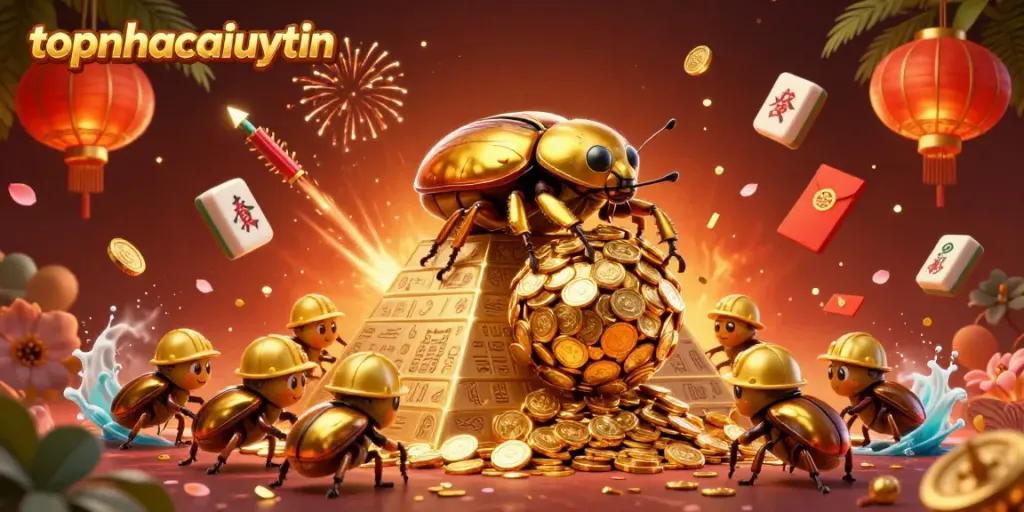 Engage with topnhacaiuytin's casino adventure featuring a golden dung beetle and vibrant gaming elements.