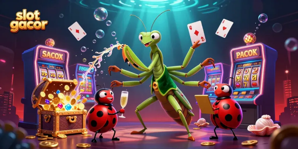 Slot gacor memperlihatkan mantis raksasa dan pengawas ladybug dalam suasana kasino yang penuh harta dan permainan.