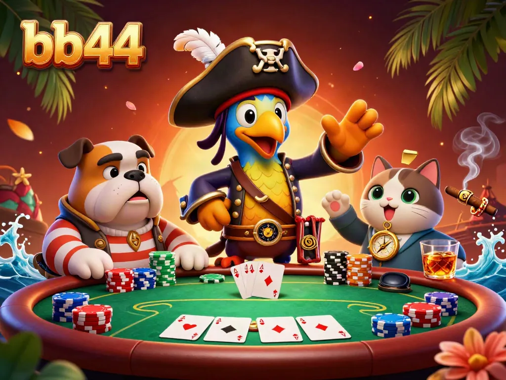 Engage with the dynamic gambling scene of bb44 featuring a pirate captain and friends at a poker table.