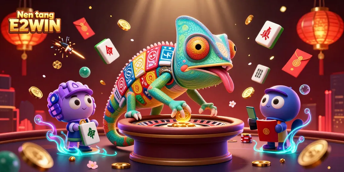 Experience the vibrant world of Nen tang E2WIN through vivid gaming action with a dynamic 3D chameleon.