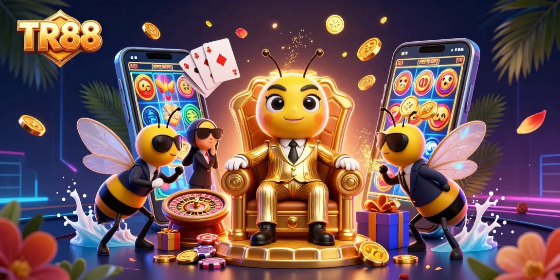 Play exciting slot games with TR88 in a vibrant, colorful casino scene filled with action.