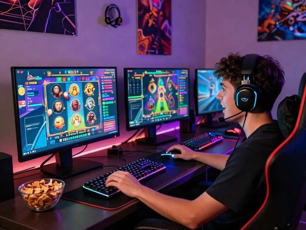 Akunjp gaming scene showcasing an enthusiastic player engaged in slot gameplay.
