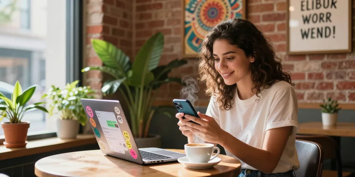 A young woman connecting with her AI girlfriend through a smartphone in a cozy cafe.