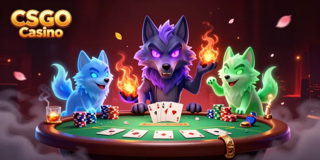 Engage in thrilling gameplay at a CSGO Casino with ghostly wolf characters and vibrant poker elements