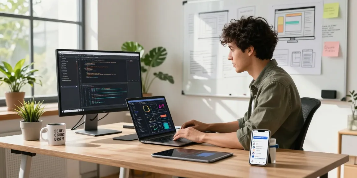 Focused web developer in a modern home office, showcasing efficient coding and project management tools, highlighting the value of a website developer near me.
