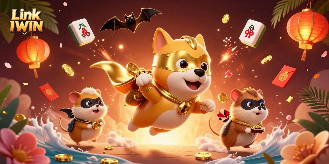 Link IWIN showcases a superhero dog and hamster in an engaging casino-themed scene full of vibrant games and festive elements.