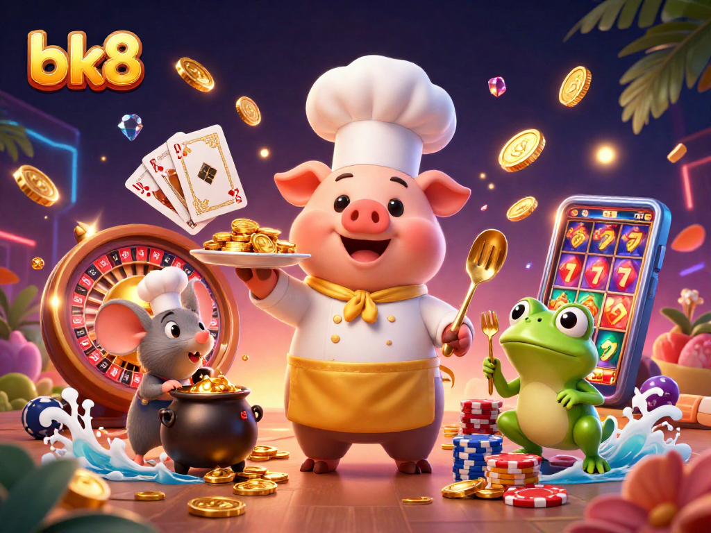 Engage with bk8's thrilling slots, chef pig serving gold coins at a vibrant casino scene.