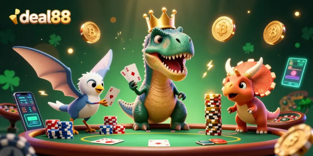 Experience thrilling action at deal88 with a vibrant T-Rex poker scene, dynamic game elements, and glowing crypto coins.