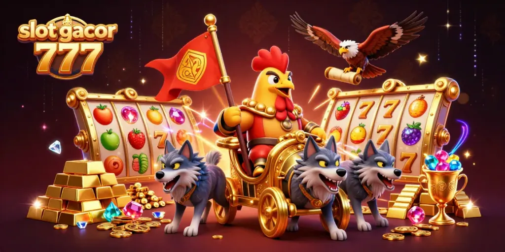 Slot gacor 777 menghiasi ilustrasi 3D bernuansa kasino yang kaya detail dan warna cerah.
