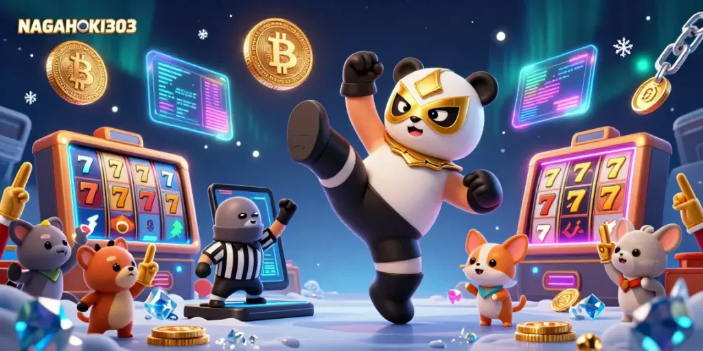 Menggambarkan NAGAHOKI303, panda pegulat terbang, beraksi di kasino dengan koin Bitcoin dan Ethereum.