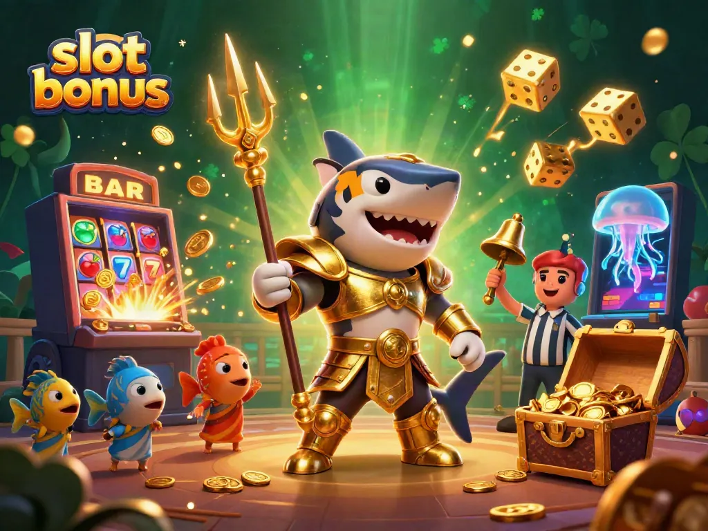 Engage with the thrilling slot bonus action featuring a golden shark gladiator amidst a jackpot explosion.