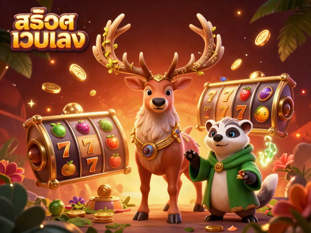 Engage in thrilling gameplay with สล็อตเว็บตรง as magical creatures showcase shimmering slot reels and vibrant fruit symbols.