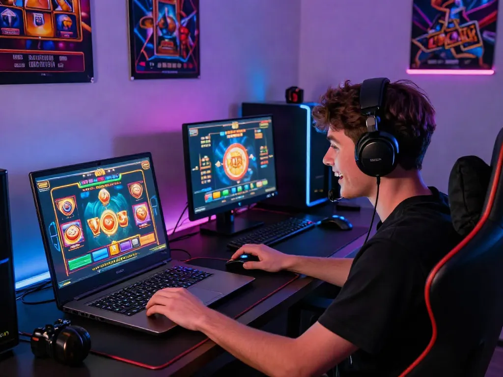 Player experiencing a thrilling slot jackpot game on a laptop in a vibrant gaming setup.
