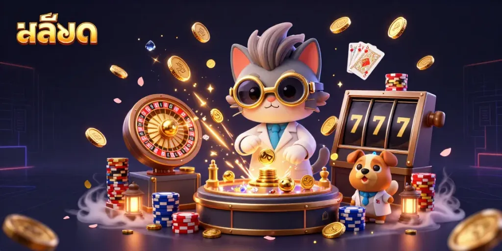 Experience exciting สล็อต gameplay with a mad scientist cat and loyal dog in a dynamic, casino-themed scene.
