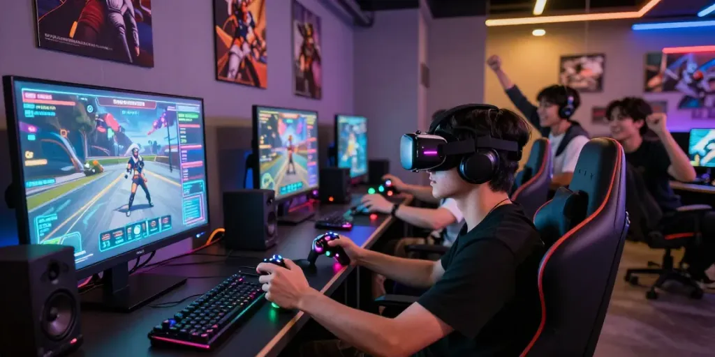 Pengalaman bermain diana4d di ruang permainan futuristik dengan gamer menggunakan headset VR.