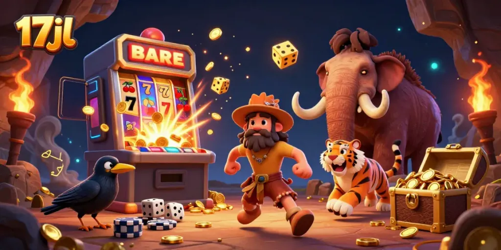 Engage with 17jl's prehistoric casino, featuring a caveman and sabertooth duo, with a dynamic jackpot explosion.