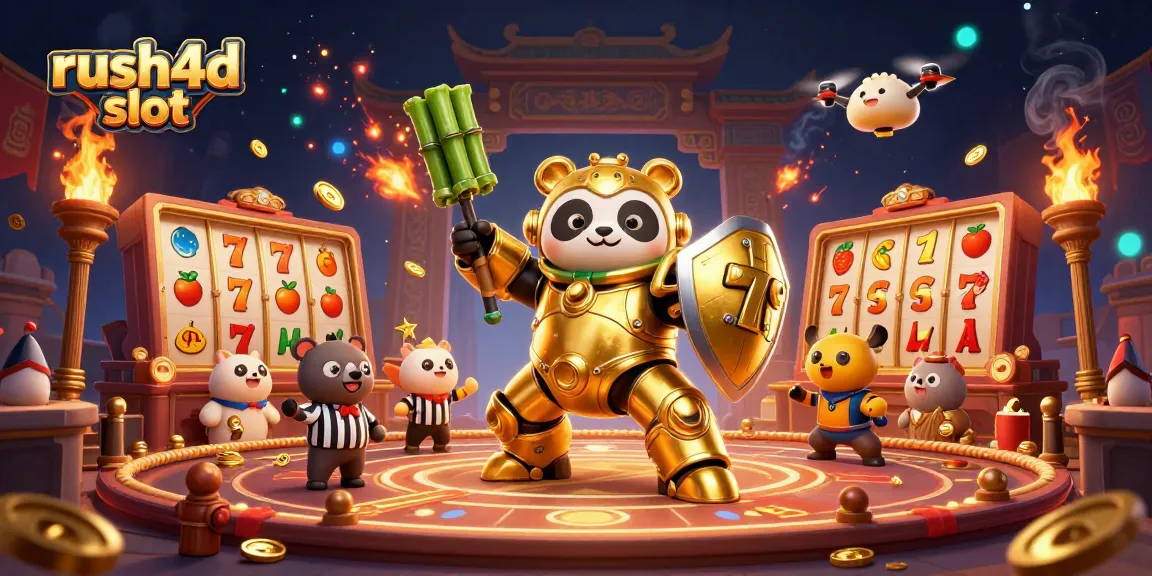 Visualisasi mendebarkan rush4d slot dengan panda emas tempur dan elemen kasino menarik lainnya.