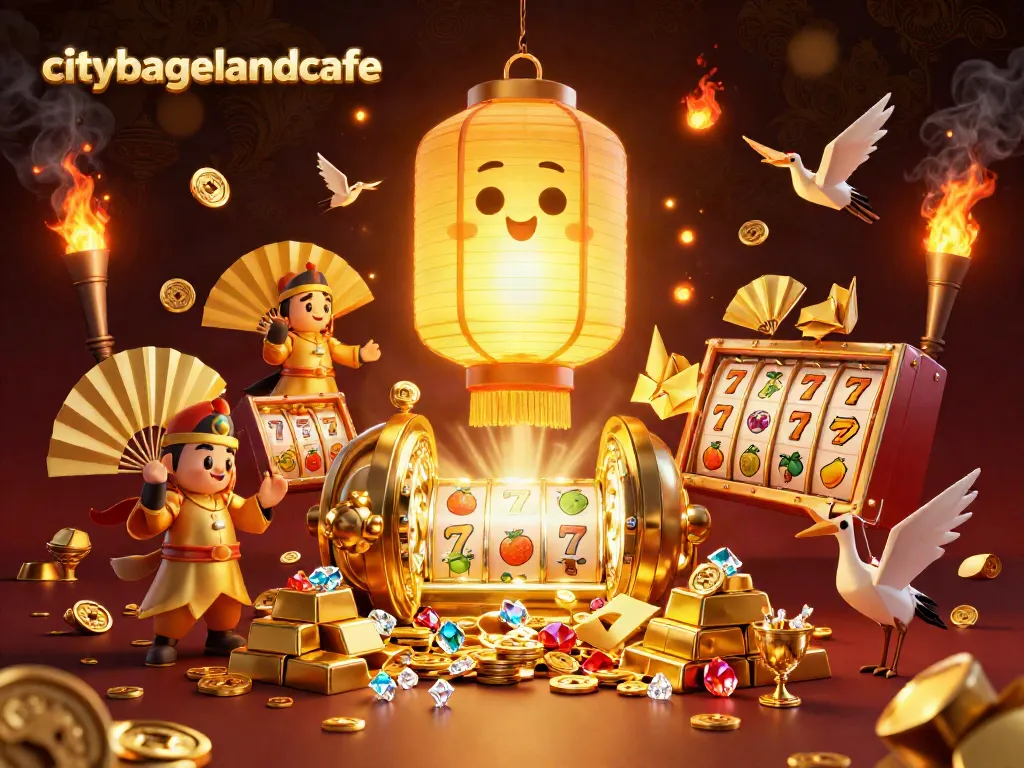 Slot permainan di citybagelandcafe dengan lampion emas dan simbol keberuntungan bersinar.
