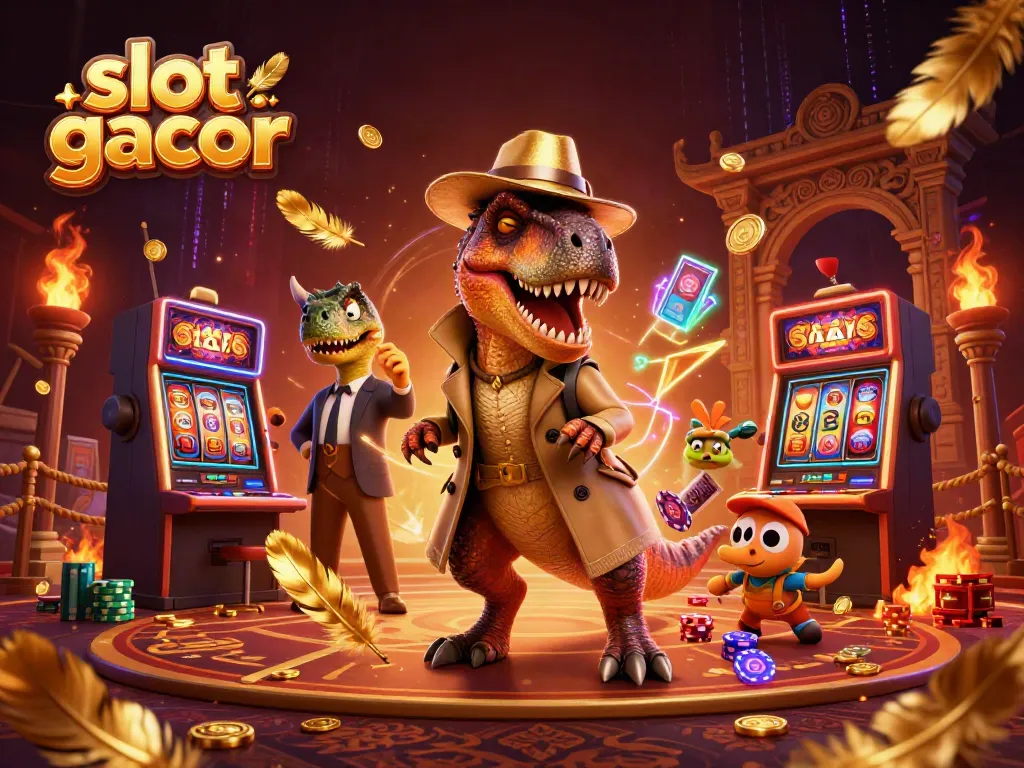 Engage with slot gacor at a vibrant scene with a velociraptor card counter and stegosaurus pit boss.