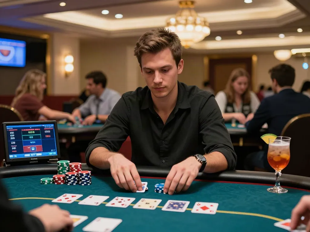 Engaging moment in an LPT licensed operators guide-themed casino setting with a focused player at a poker table.