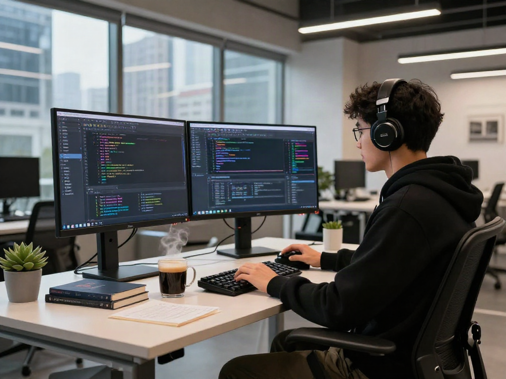 Engaging tech workspace featuring a developer coding on sh7 download project with vibrant screens and creative atmosphere.