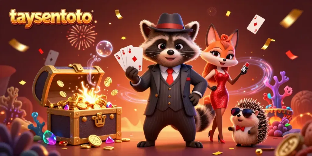 Experience thrilling gaming with taysentoto as playful characters celebrate amidst vibrant casino elements.