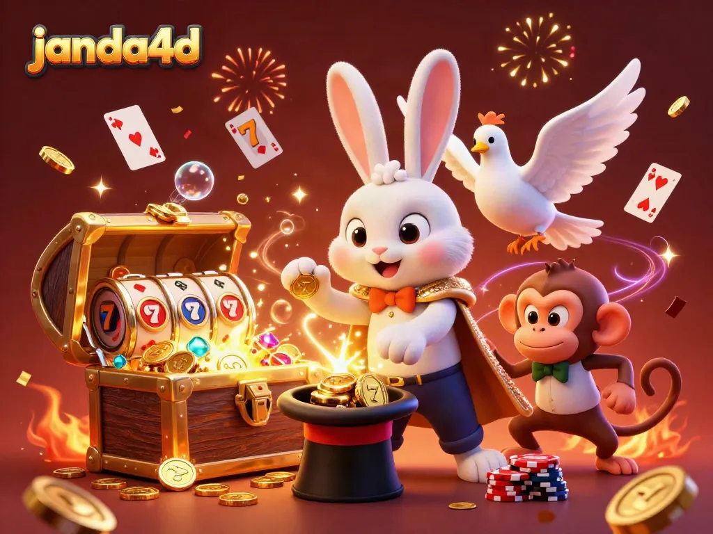 janda4d menghadirkan ilustrasi kasino ceria dengan karakter sihir dan poker chip melimpah.
