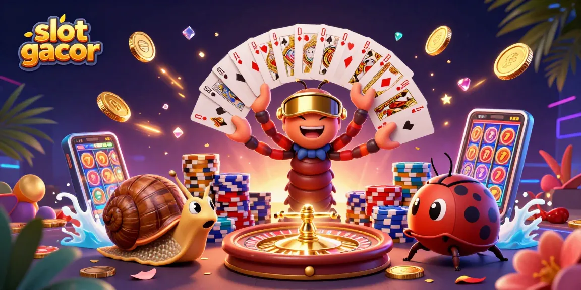 Menampilkan slot gacor dalam ilustrasi 3D dealer kartun dengan chip besar dan kartu bermain.
