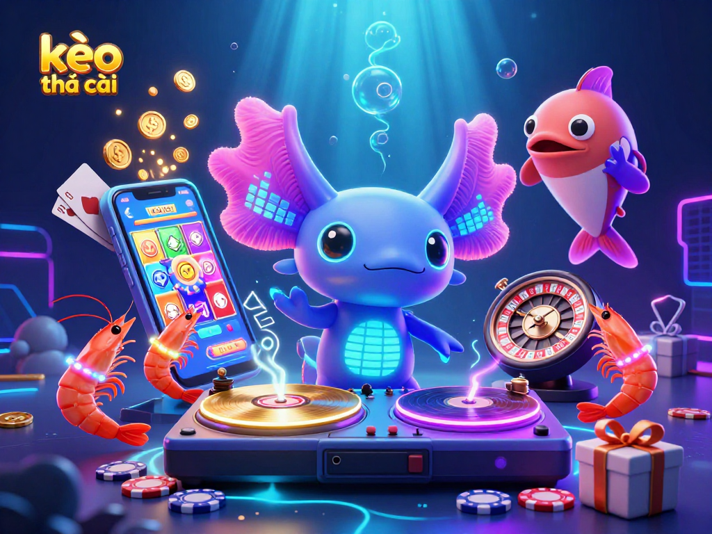 Engaging scene of kèo nhà cái featuring an axolotl DJ surrounded by vibrant slot game elements, enhancing the gambling experience.