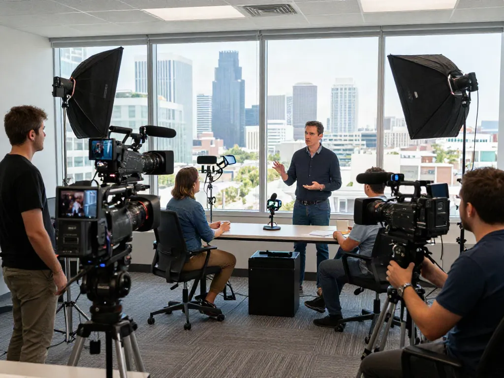 Capturing corporate interview video production Los Angeles, California with a professional crew setting up lights and cameras in a modern office.