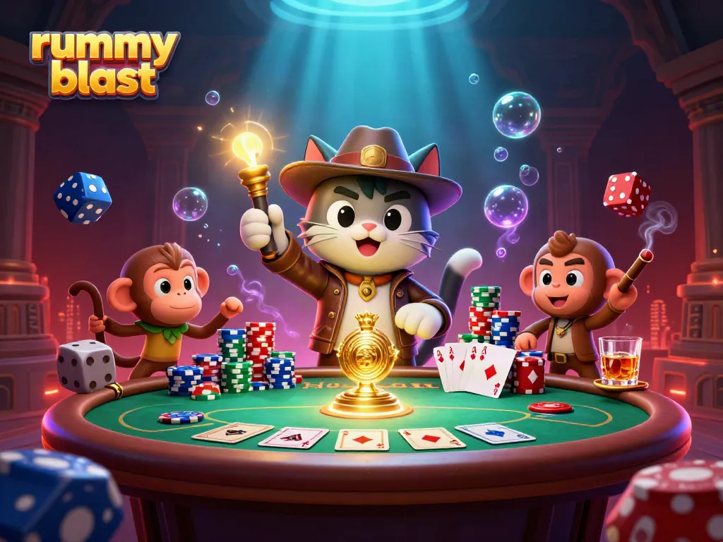 Experience thrilling card gameplay with rummy blast in an engaging, dynamic scene filled with vibrant casino elements.