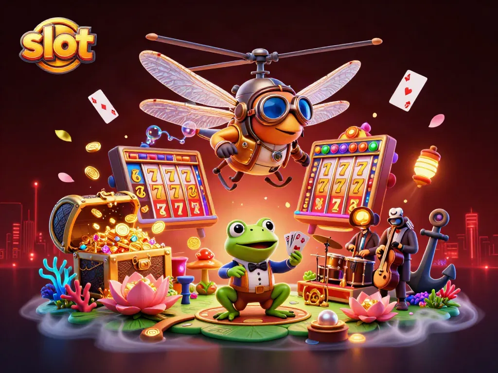 Slot yang dinamis menampilkan karakter unik seperti pilot capung dan dealer katak di kasino lily pad yang megah.