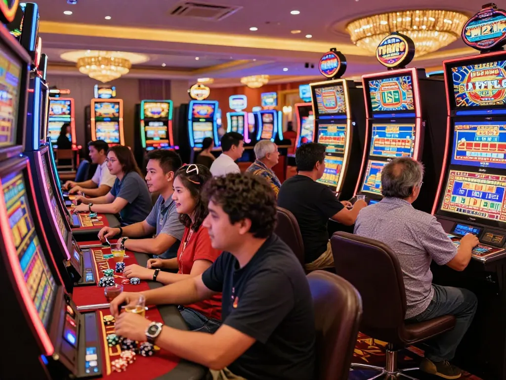 Lucky777 casino players enjoying slot machines amidst vibrant lights.