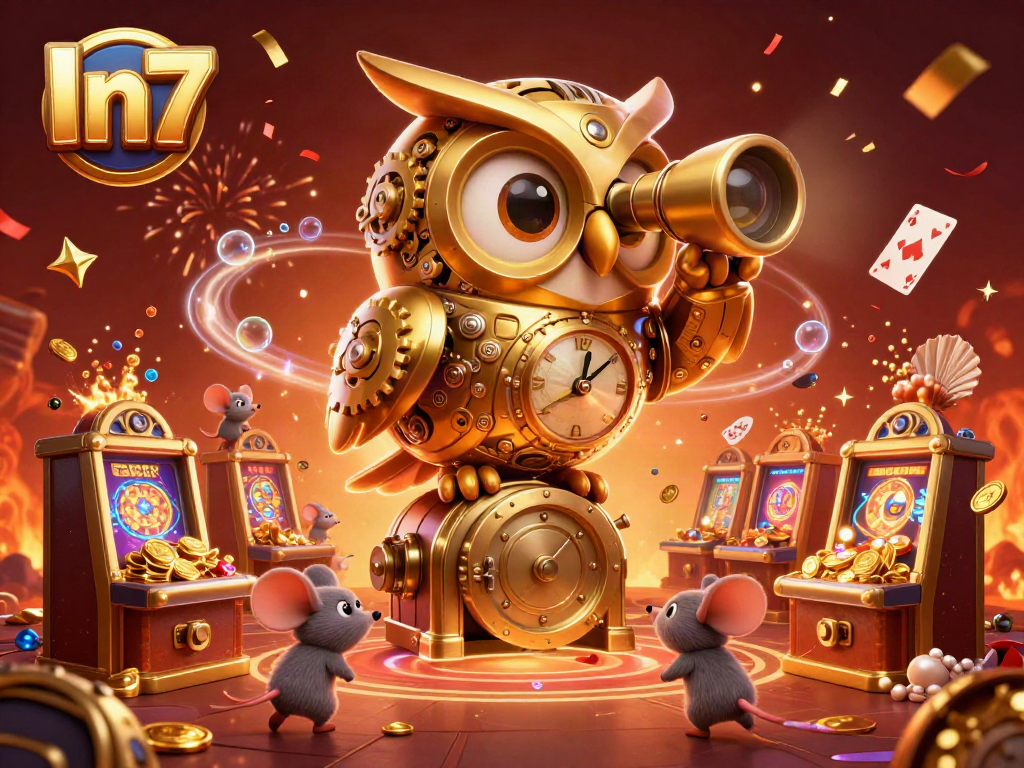 Engage with In7's vibrant casino scene featuring a golden owl, slot machines, and festive decorations.