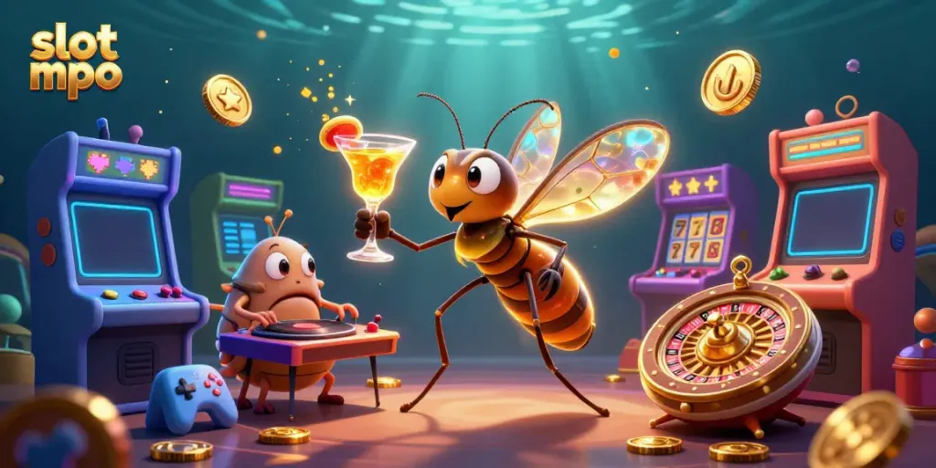 Experience slot mpo gaming with a lively scene of a casino mascot, trilobite DJ, and golden roulette.