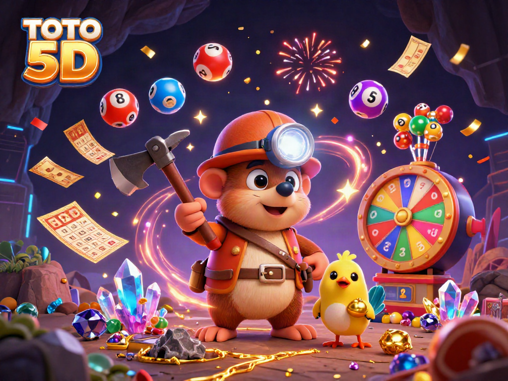 TOTO 5D lively illustration showcasing a treasure hunter mole exploring a cave with colorful lottery balls and vibrant casino elements.