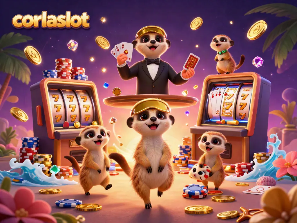 Experience the thrill of corlaslot with cute meerkats running a vibrant casino scene filled with slot games and colorful casino elements.