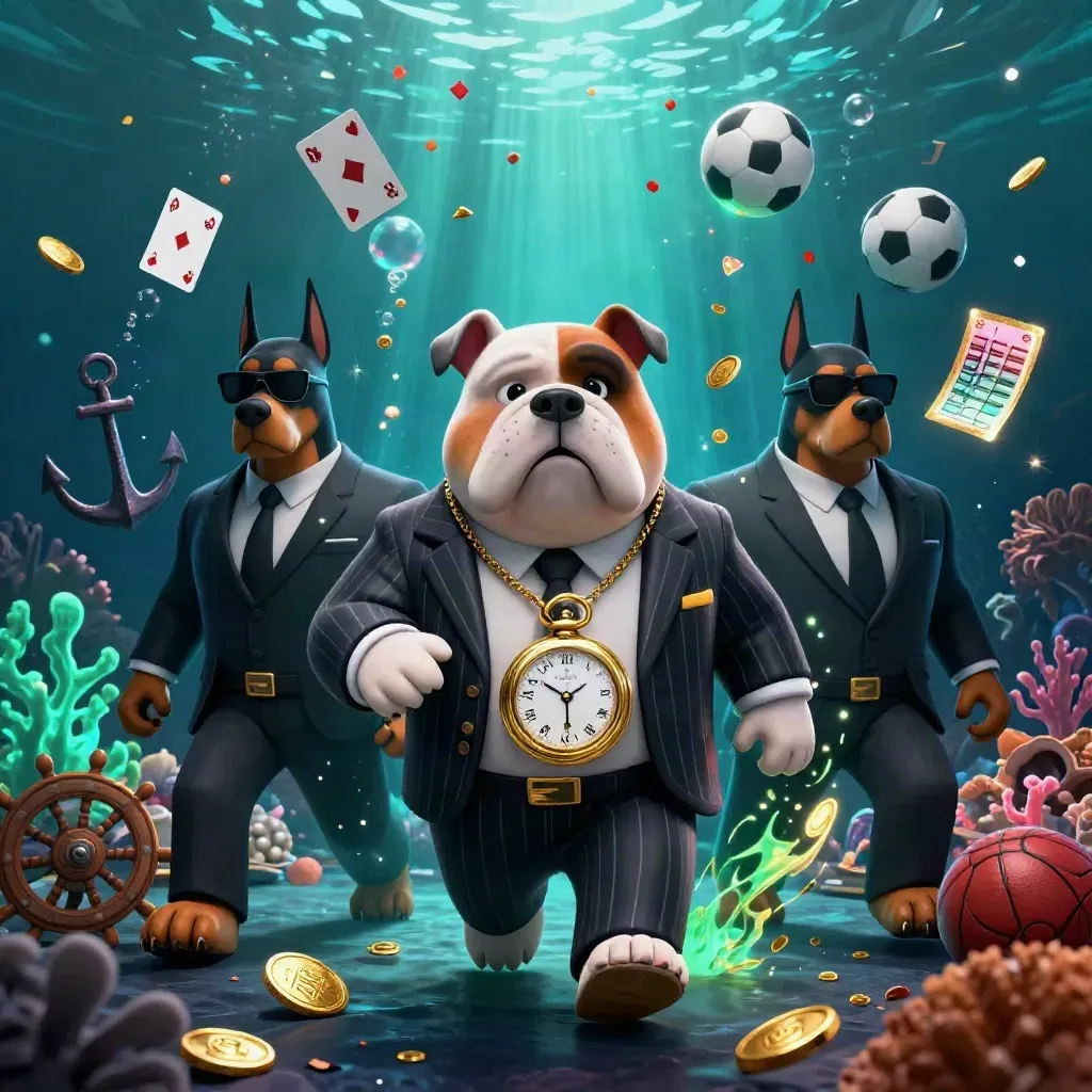 Bulldog boss and Doberman guards in an underwater treasure cove with gold, coral, and sports props