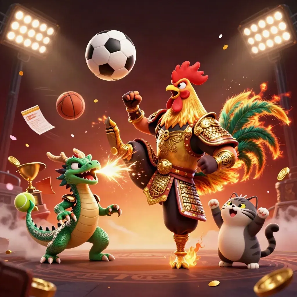 Golden rooster warrior, dragon hatchling and fortune cat amid flying balls, coins and casino glow