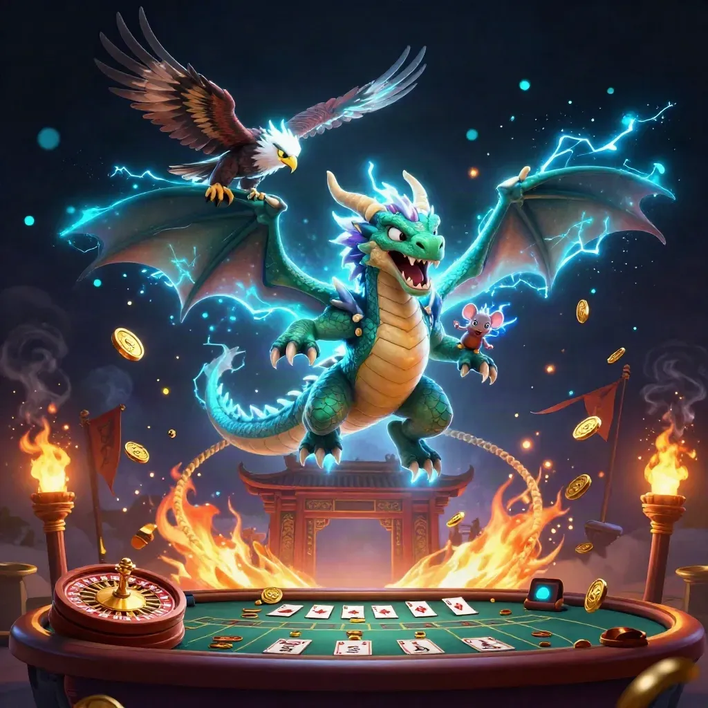 Thunder dragon, hawk, and thunder-mouse in a neon casino fantasy storm with treasure and temple gate.