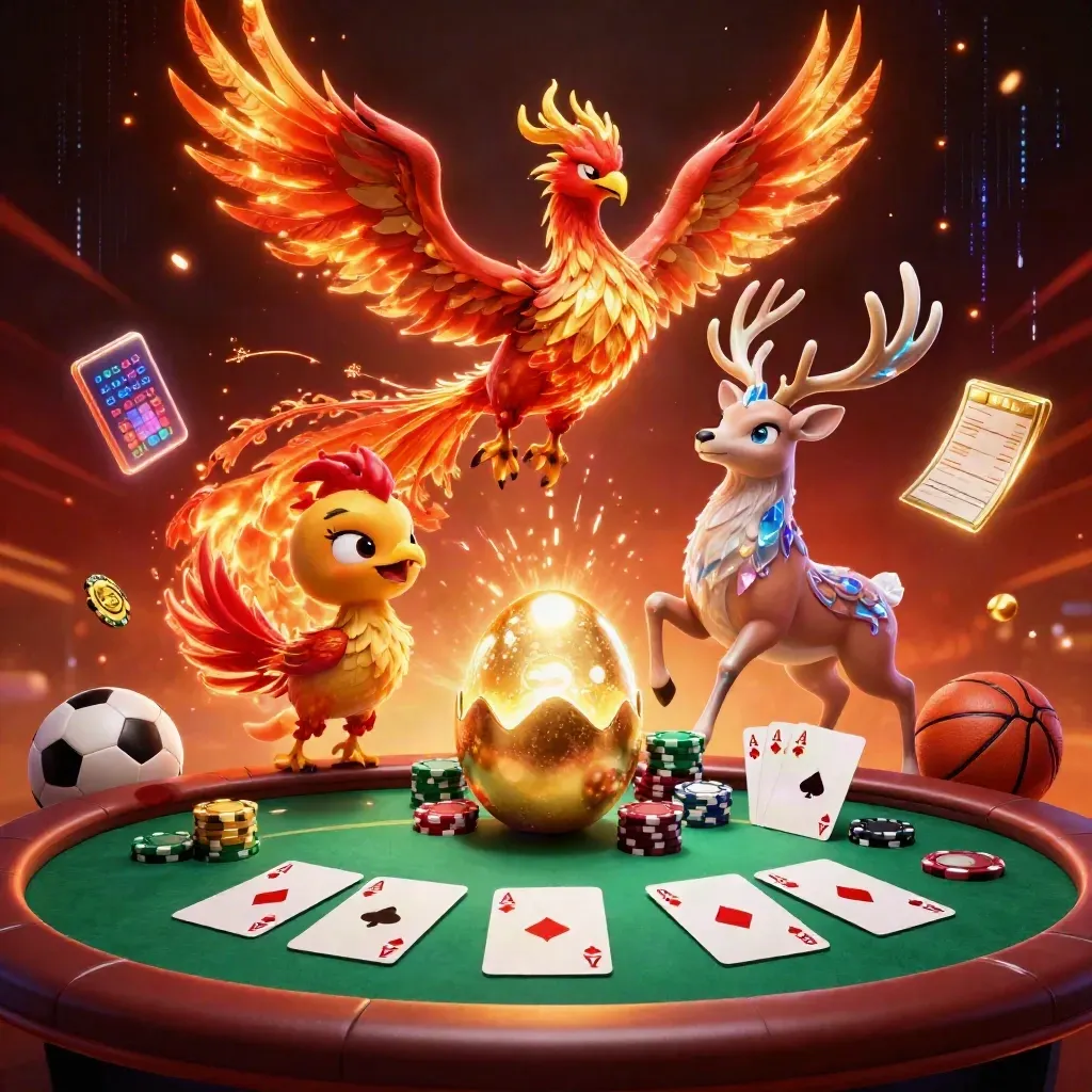 Phoenix, stag, and casino props burst amid sports balls and neon embers on a dark luxe backdrop.