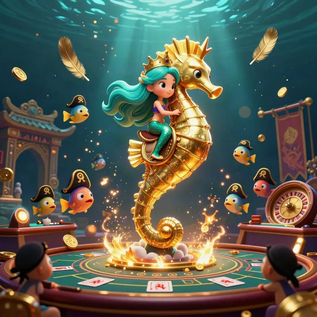 Mermaid princess on armored seahorse with pirate fish amid gold casino relics underwater