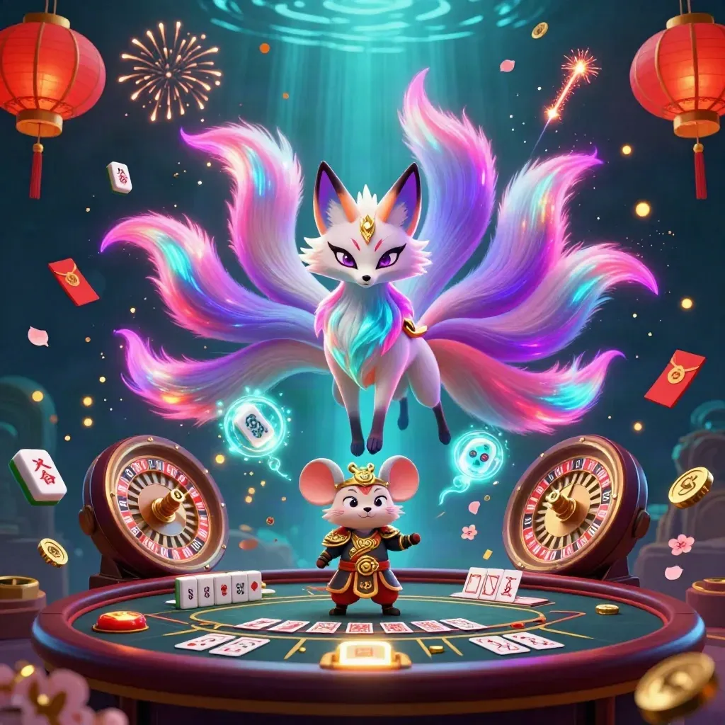 Neon fox spirit and armored mouse amid casino relics under glowing light