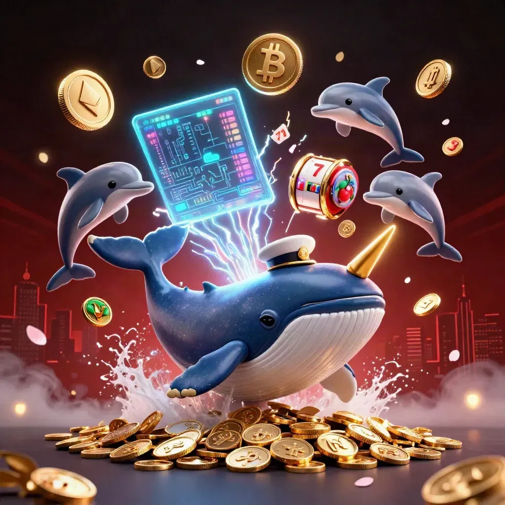 Gigantic captain whale, narwhal, and dolphins burst through coins amid neon casino effects.