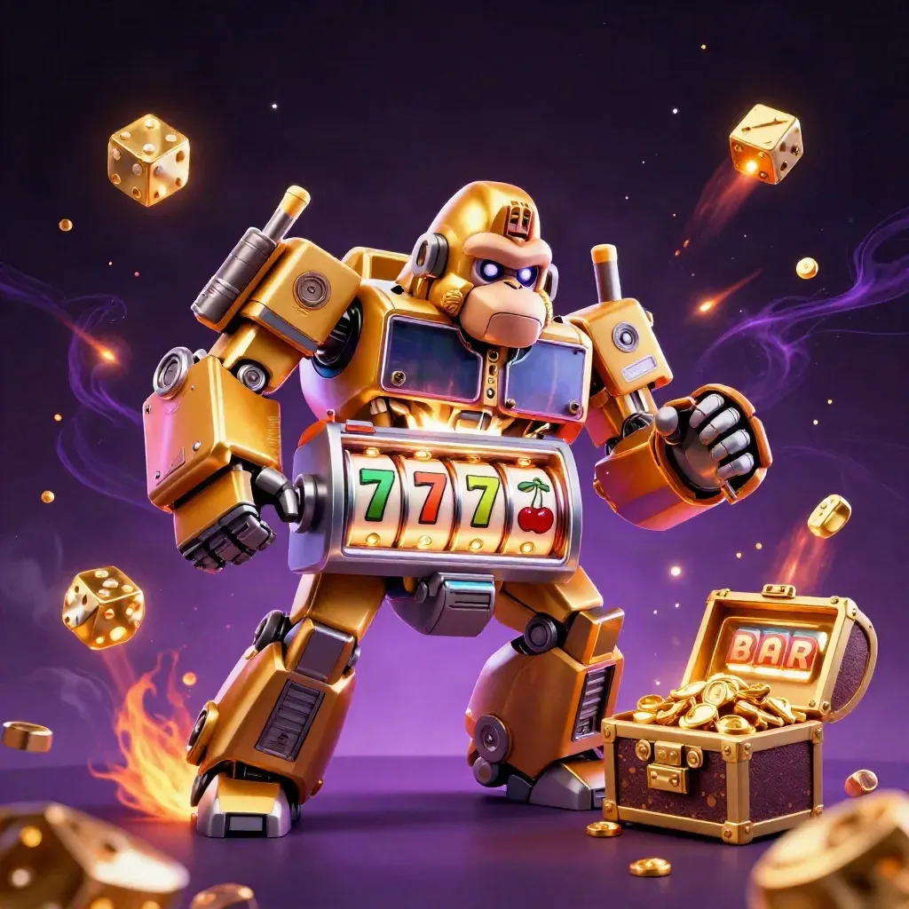 Golden gorilla mech with monkey pilot explodes from a slot machine amid jackpots and gold