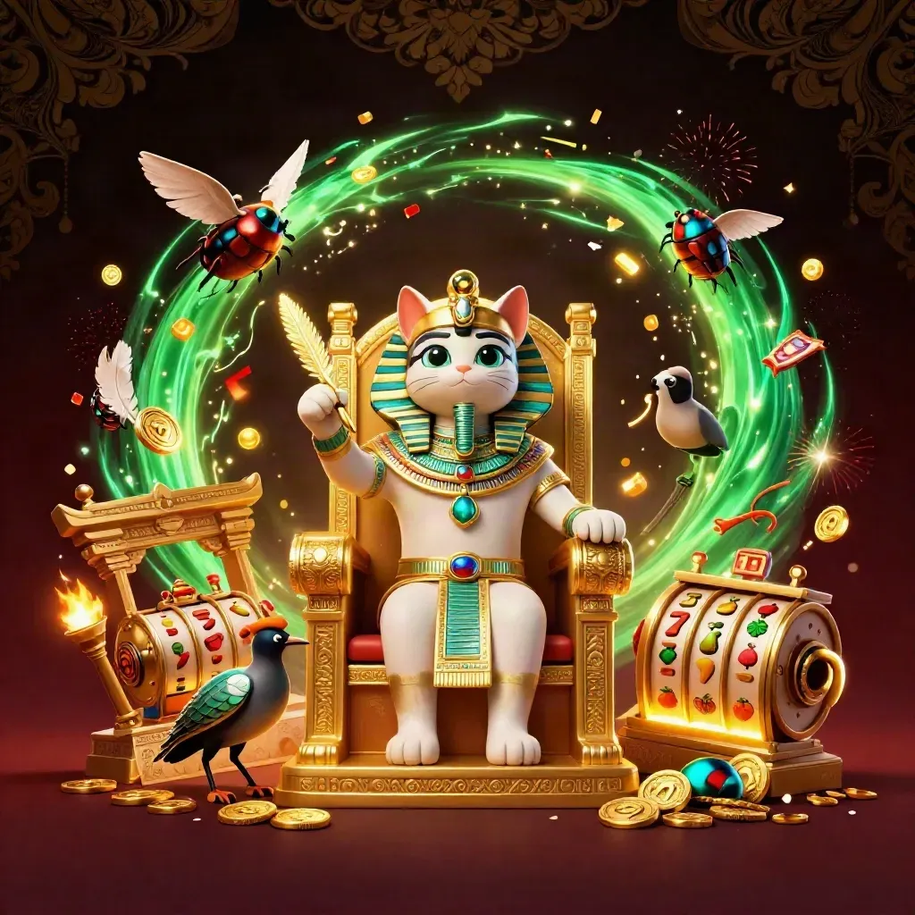 Pharaoh cat on golden throne with ibis scribe, scarabs, coins, and emerald magic in a luxe casino scene