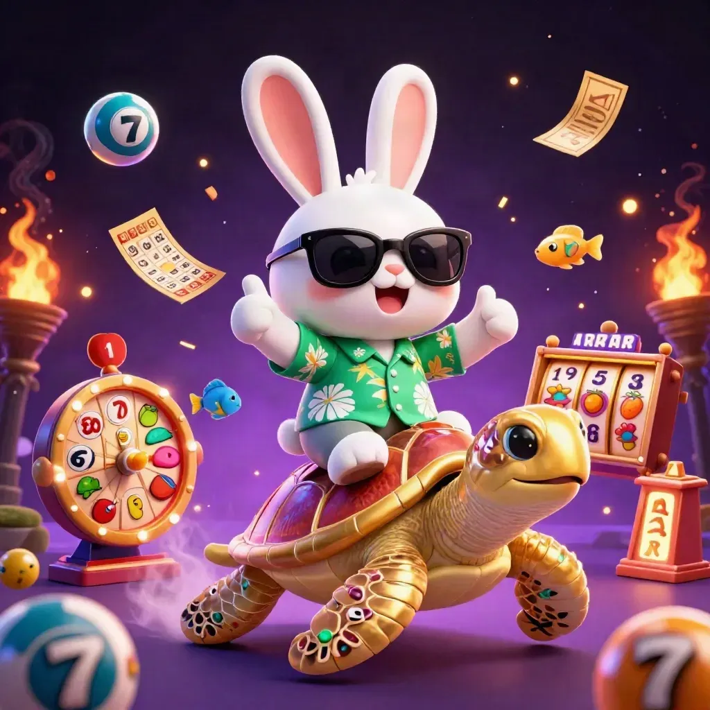 Lucky rabbit rides a golden turtle amid casino tokens, neon effects, and starry purple darkness.