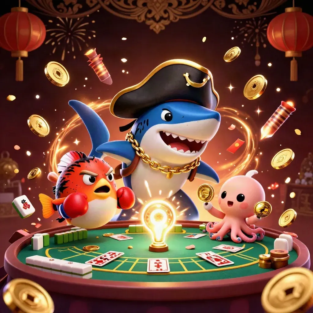 Pirate shark, boxing pufferfish, and coin-juggling octopus amid casino treasure bursts and fireworks.