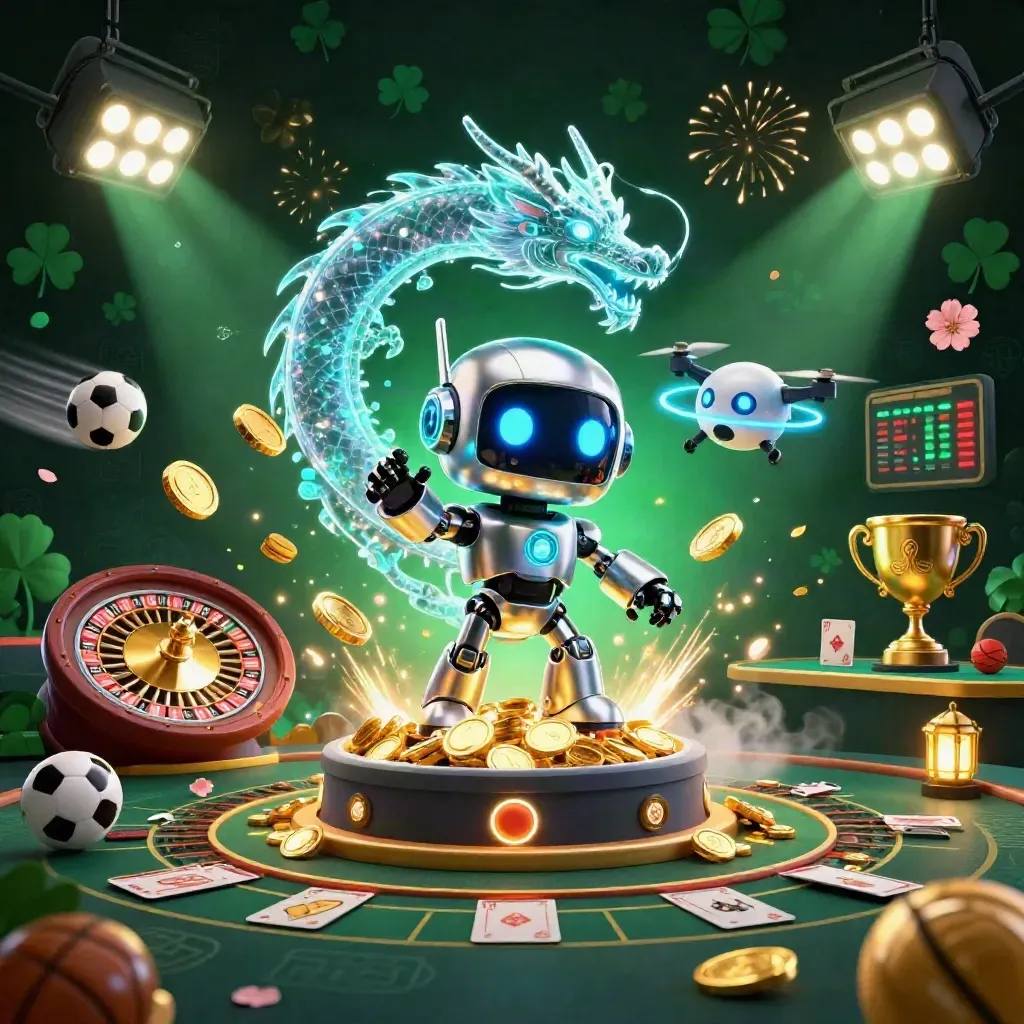 Cyberpunk robot, hologram dragon, and drone burst from a vault with coins, sports balls, and casino props